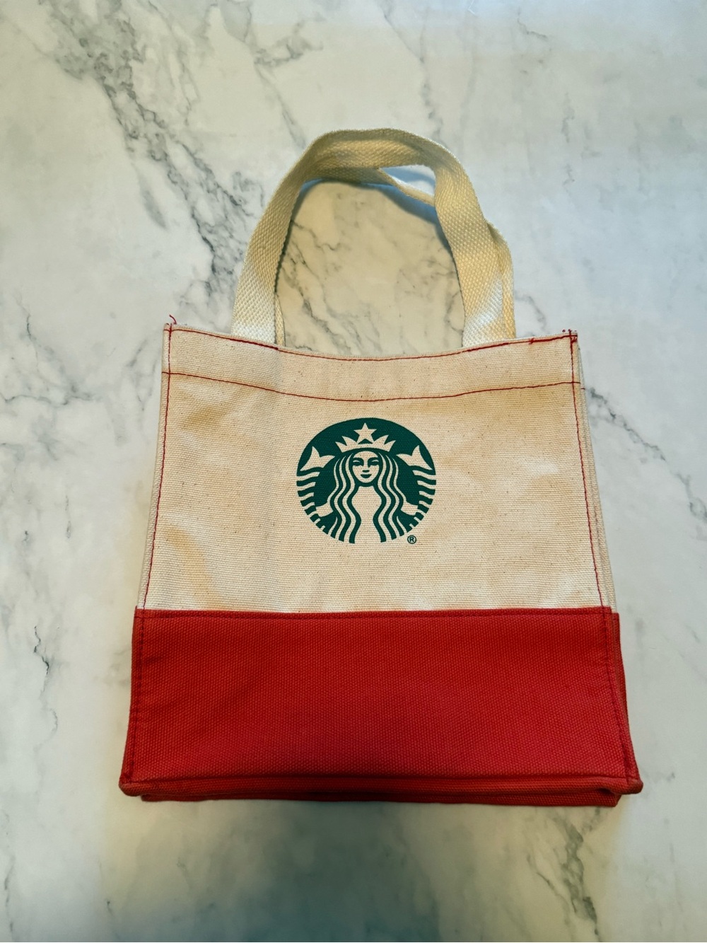 Starbucks Mini Canvas Tote Bag – Natural Cream & Red Block Accent